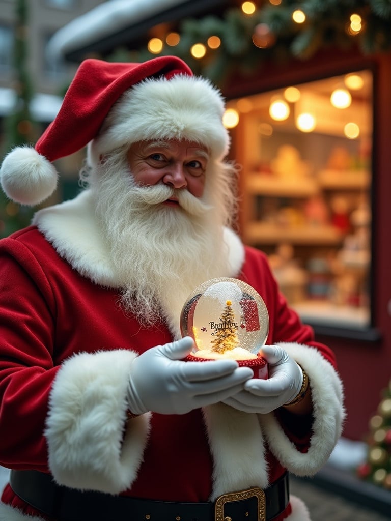 Christmas scene features Santa Claus in red and white suit holding a snow globe. Snow globe contains the name 'Bentley Padova'. Background shows a toy shop with festive decorations and glowing lights.