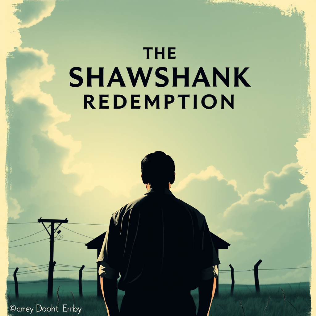 A person stands facing a broad, open sky, with clouds and a silhouette of a power pole and fence, under the text 'The Shawshank Redemption.'