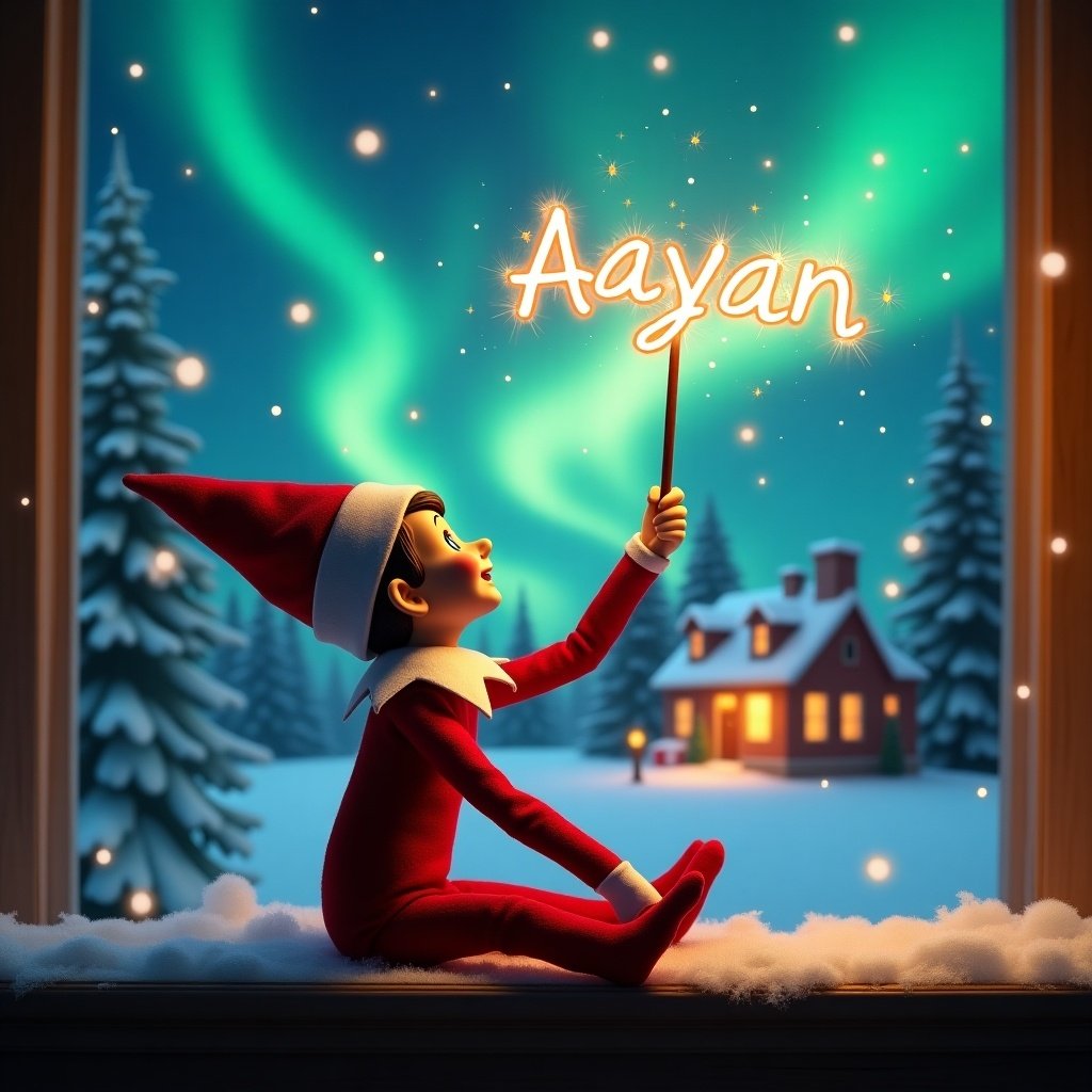 An elf on the shelf sits with its back to the viewer, gazing skyward. It holds a glowing wand that emits sparkling light, illuminating the festive atmosphere. In the background, colorful northern lights swirl above a charming Christmas scene. A cozy house, decorated for the holidays, glows in the distance. Snow covers the ground, enhancing the winter charm. The elf embodies the spirit of magic and wonder associated with Christmas. The name 'Aayan' is written in the air using the wand, creating a joyful and festive mood.