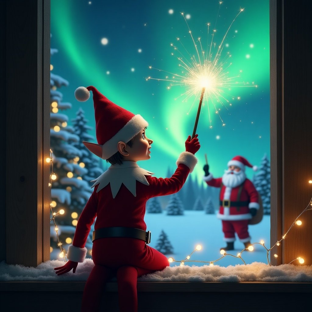 The image features an elf on the shelf, positioned with its back to the viewer, gazing skyward. The elf is using a magical wand to write the name 'Madisyn' in the night sky, creating a spellbound atmosphere. In the background, there are enchanting northern lights illuminating the wintry landscape, with Santa Claus visible nearby. The scene is adorned with twinkling fairy lights and snowy pine trees. This whimsical portrayal captures the magic of Christmas and the spirit of holiday wonder.