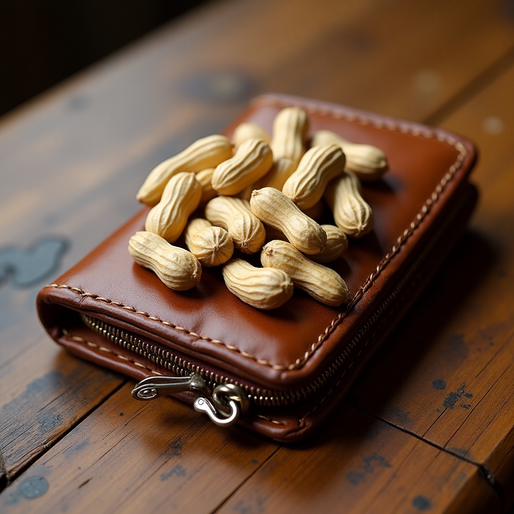 Peanuts placed on a brown wallet. Focus on textures and arrangement.