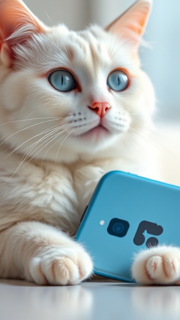 A fluffy white cat with striking blue eyes is curiously holding a blue smartphone.