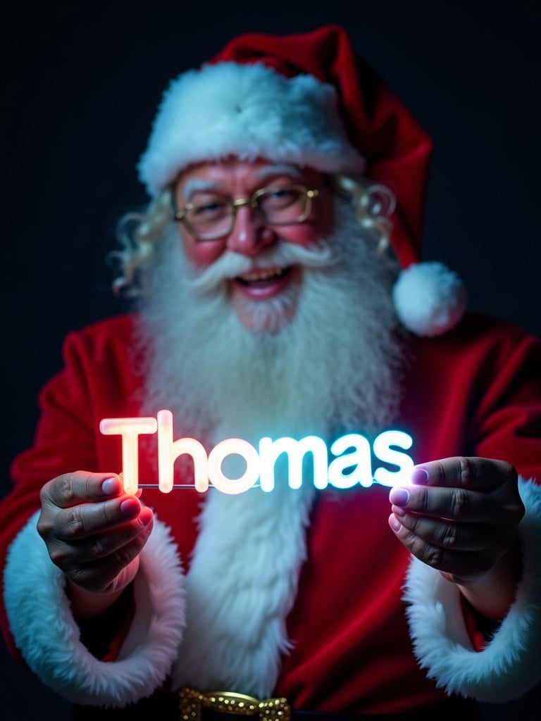 Santa Claus dressed in traditional red and white suit holds a glow stick forming the name 'Thomas'. Santa appears joyous and full of holiday cheer. The dark background enhances the glowing name. The image captures the spirit of Christmas and joy. Perfect for seasonal promotions and festive gifts.