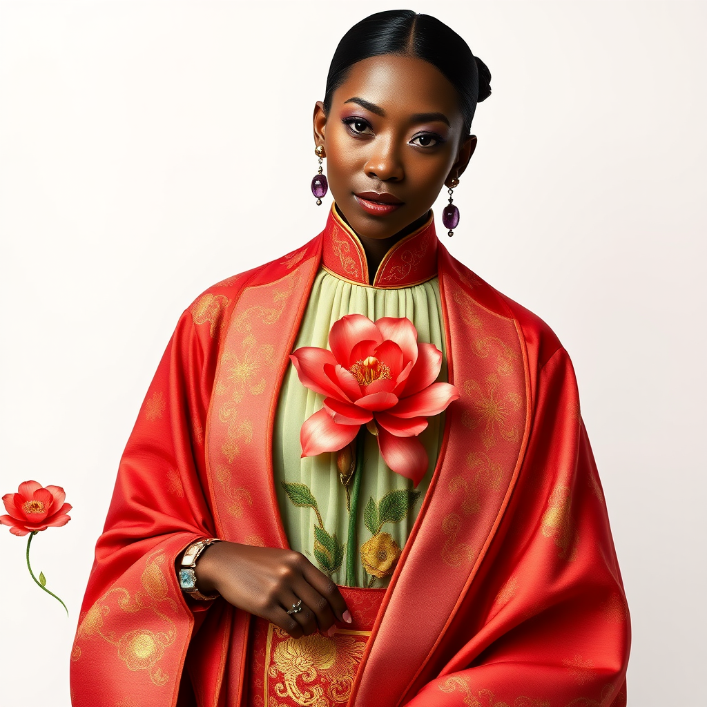 A woman in a red robe with floral designs stands gracefully, adorned with a large red flower pinned to her outfit.