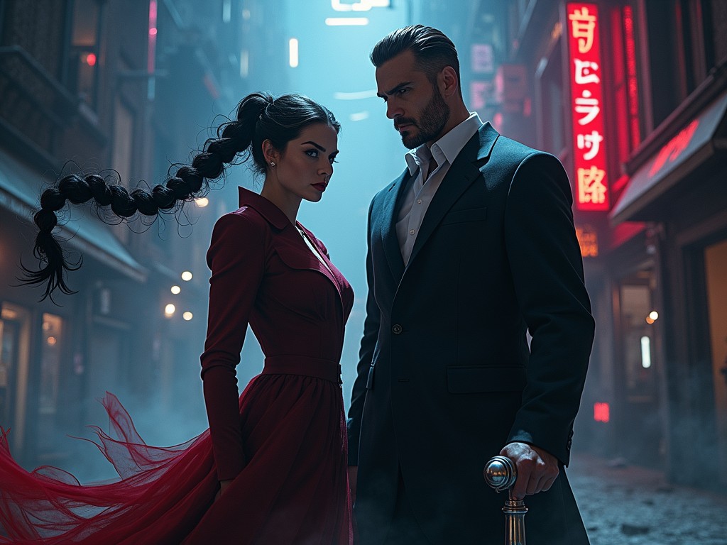 This image depicts a dramatically lit scene featuring a man and a woman standing in a misty urban alleyway illuminated by neon signs. The woman, dressed in a flowing red dress, sports a distinctive braided hairstyle, while the man, wearing a dark overcoat and gripping a cane, gazes intensely. The backdrop exudes a cyberpunk feel with its dim lighting and vibrant signage, enhancing the mysterious and intriguing atmosphere.