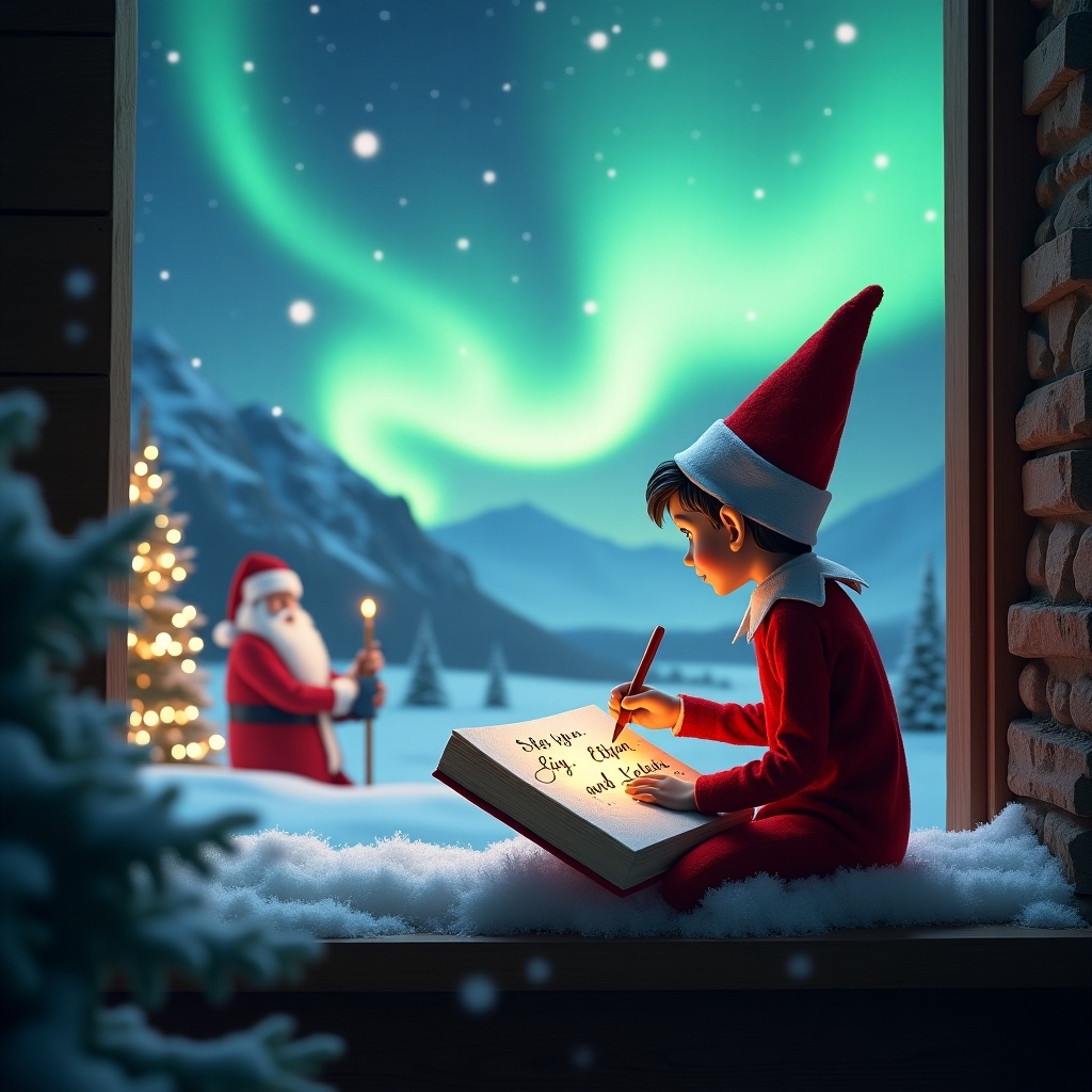 This image captures a whimsical Christmas scene featuring a young elf dressed in a classic red outfit. Perched on a rocky ledge, the elf writes in a large book, inscribed with the names 'See You Soon Lily, Ethan and Leah'. Above, vibrant northern lights swirl and illuminate the serene winter landscape. A snow-covered mountain backdrop creates a peaceful atmosphere as the elf prepares for the holiday season. With a wand in hand, the elf writes the name 'Dylan' in glowing light, embodying the magic of Christmas. In the distance, Santa Claus can be seen, enhancing the festive spirit. The cozy scene is framed by a window, inviting viewers into this enchanting moment of anticipation and joy.