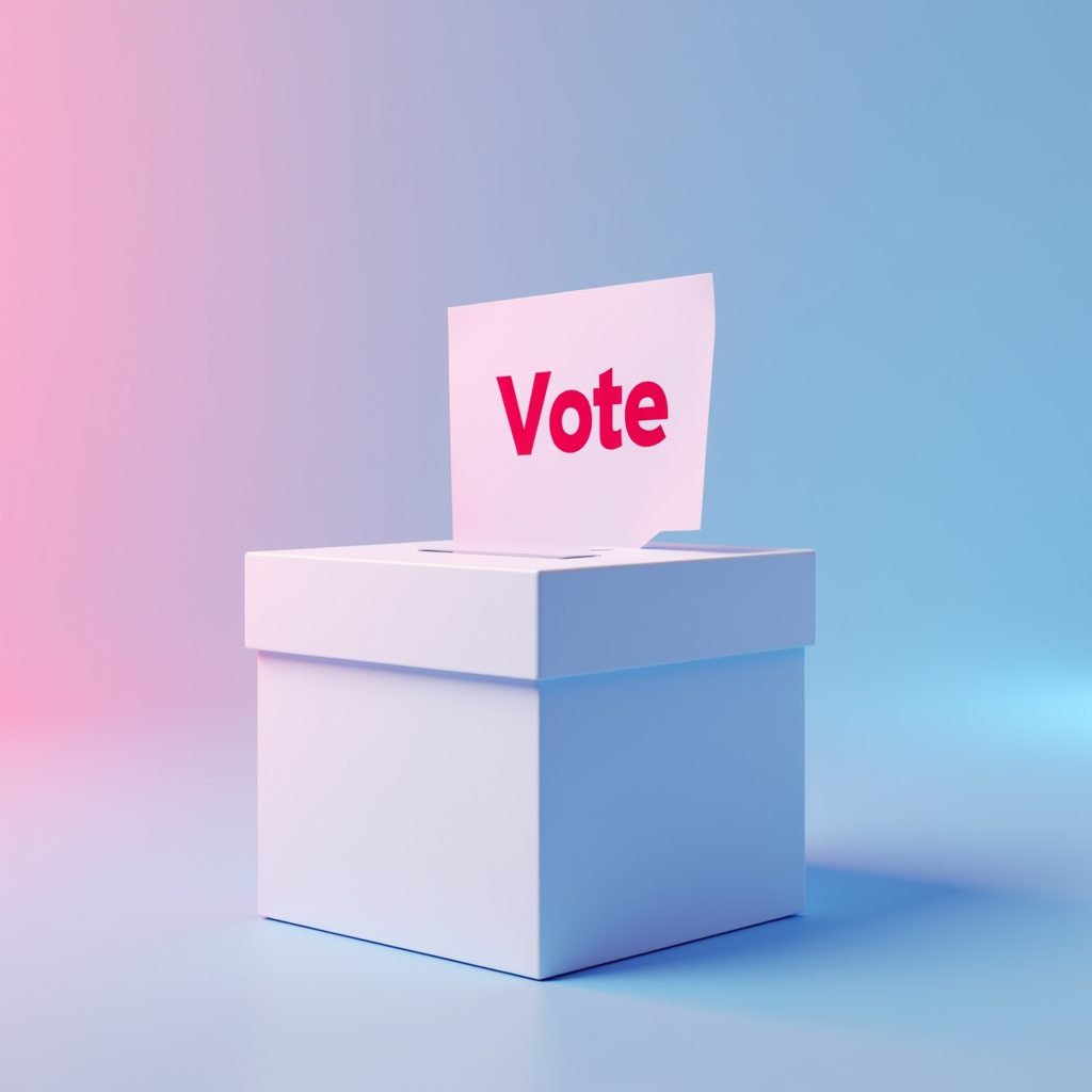 A white ballot box with a 'Vote' sign inserted on a colorful gradient background.