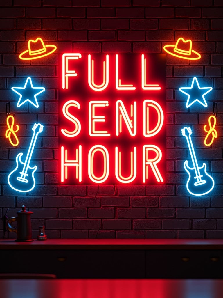 Image features a neon sign that says FULL SEND HOUR. Sign is in red neon lighting. Black brick wall serves as background. Guitars stars cowboy hats and lassos are in neon too. Colors include orange and blue surrounding the sign.