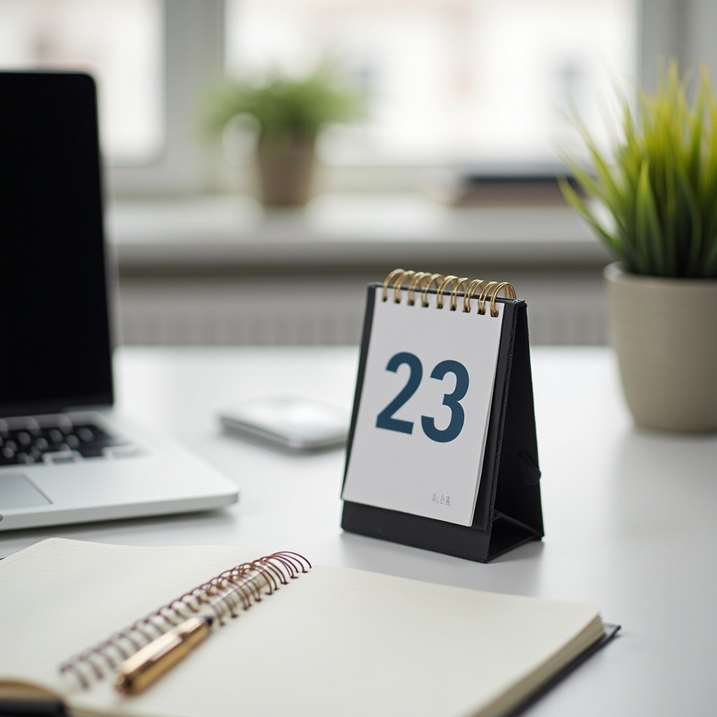 A small desk calendar displays the number 23. A laptop sits on a clean table. A notepad is open. A plant adds greenery to the scene.