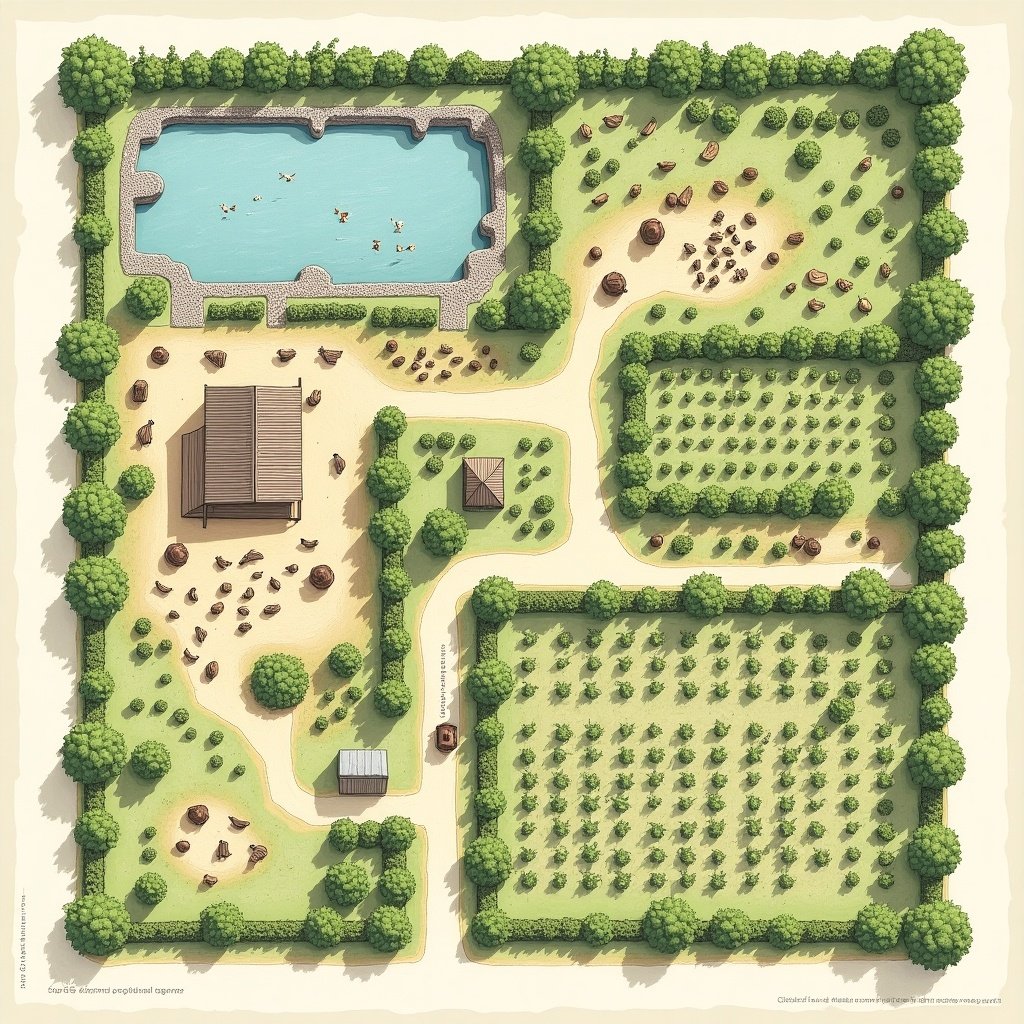 Detailed farm layout for 2.5 acres. Five main sections include dairy unit for cows, a pond for ducks and fish, horticulture section with fruit plants, crop production area divided into plots, and pathways for movement. Dimensions specified for each area. 