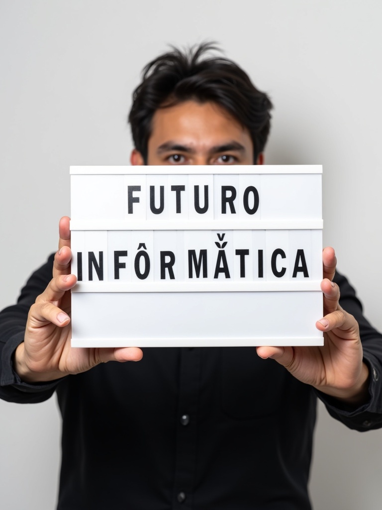 A person in a black shirt holds a lightbox sign. The sign has bold text reading 'FUTURO INFORMÁTICA'. The background is plain and minimalistic. The overall focus is on the positive message of opportunity in technology.