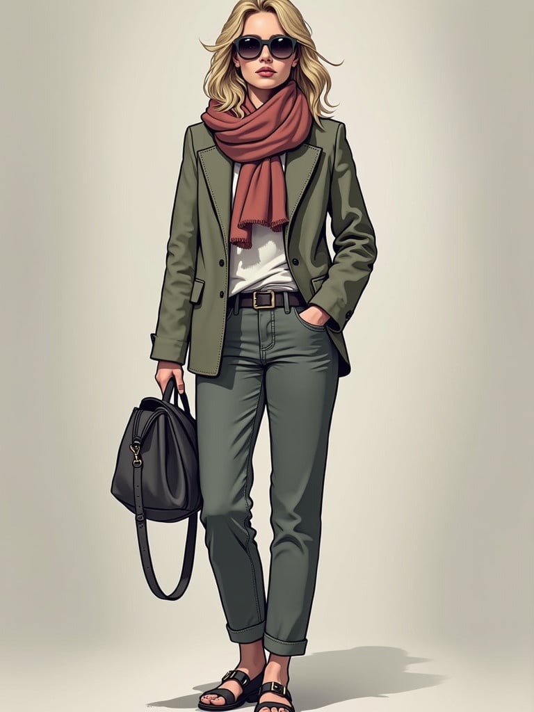 Woman dressed in a stylish olive green blazer. She wears a white shirt underneath with a red scarf. Pairing with olive green trousers. Accessorized with a black handbag and flat sandals. The image showcases a modern and sophisticated look.