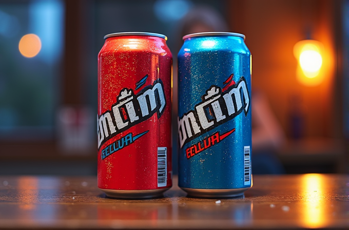 Two glittery beverage cans, one red and one blue, sit on a wooden table under warm lighting.