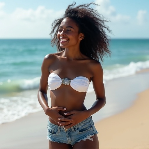 Beautiful woman at the beach. Wearing a bandeau top and denim shorts. Touching pelvis with a smile. Dark skin. Bright sunlight. Ocean waves in background.