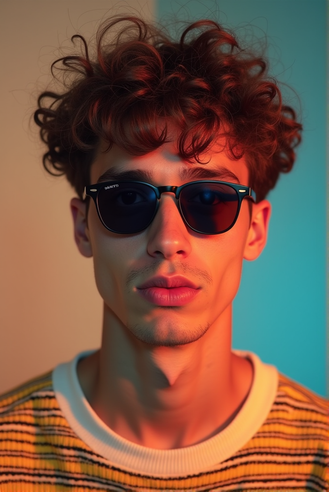 A person with curly hair wearing sunglasses looks confidently at the camera under colorful lighting.