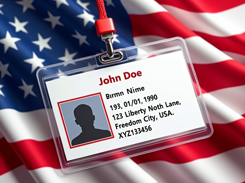 This image features a novelty ID card themed with the American flag. The ID is designed with fictional details, including a false name and address, set against a vibrant flag background. The card mockingly suggests themes of patriotism and fun, making it ideal for themed parties or events. It's brightly lit to highlight the colors red, white, and blue. The design includes a silhouette in place of a real photo for added novelty.