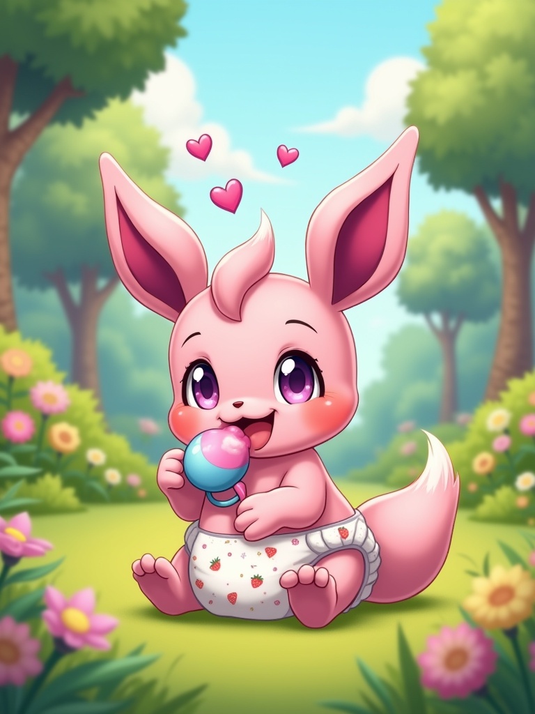 A baby Sylveon with a playful expression. The Sylveon has purple eyes. It holds a pink and blue dummy. It wears a diaper decorated with strawberries and sweets. Hearts float above its head symbolizing love for diapers. The setting has vibrant grass and flowers with trees in the background. A clear sunny blue sky is above.