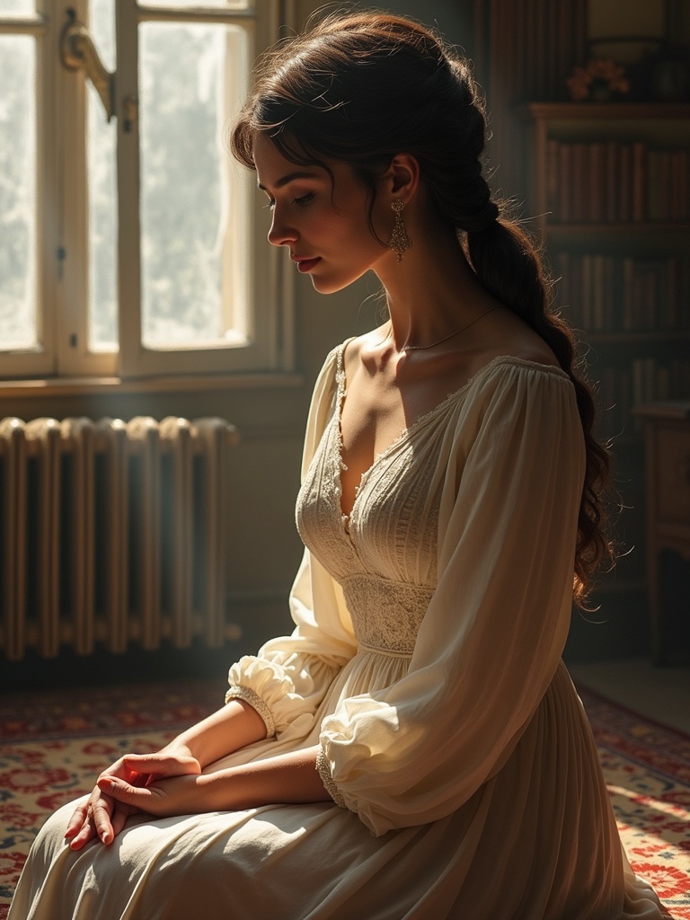 A woman sits gracefully in a softly lit room. She wears an elegant long sleeve dress. This scene evokes emotions of longing and contemplation, reminiscent of classic literature. The setting reflects a warm ambiance with vintage decor. The woman’s pose suggests determination and depth. The atmosphere alludes to themes of love and tragedy.