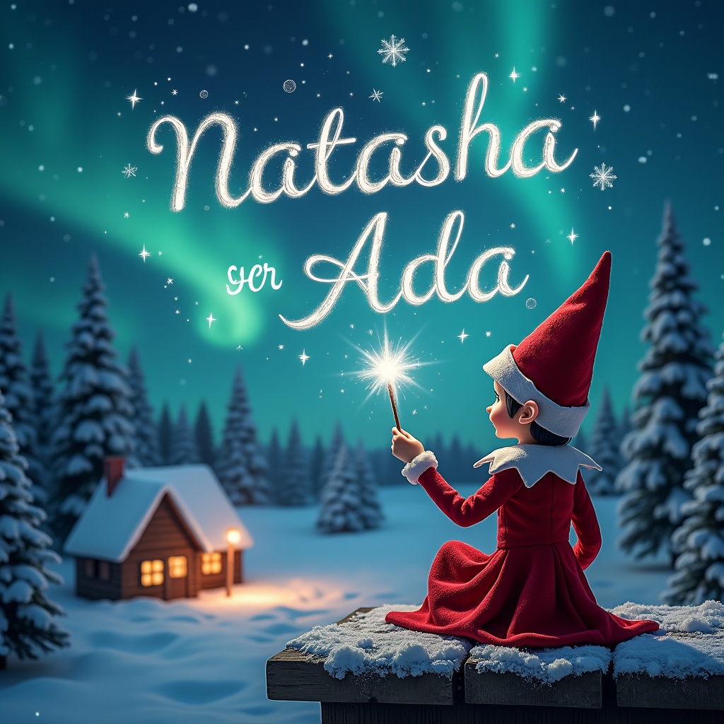 An elf sits on a wooden ledge with its back to the camera, gazing at a magical sky. The elf, dressed in a red outfit with a pointed hat, holds a sparkling wand. With the wand, the elf elegantly writes the names 'Natasha' and 'Ada' in the starry sky. The background features a snowy landscape with charming little houses and evergreen trees under the shimmering Northern Lights. This whimsical scene captures the essence of childhood magic and Christmas cheer.