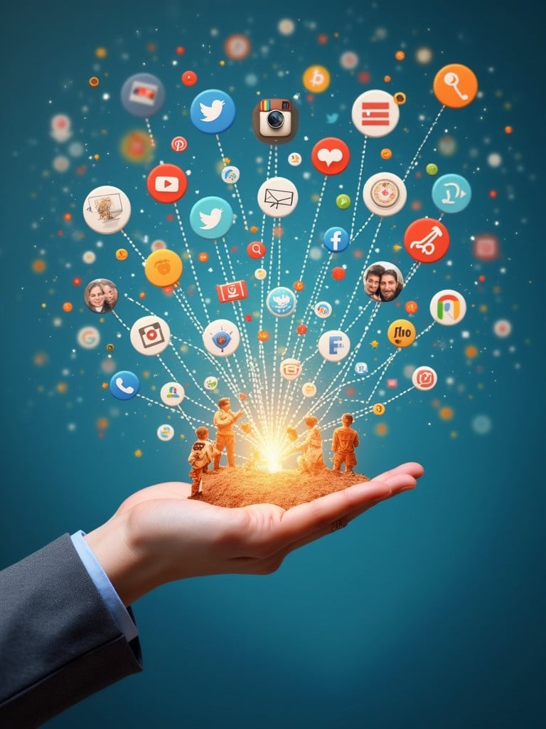 Hand holds a group of social media icons. Icons radiate from a central point like outreach. Background is a solid blue color. Focus is on the hand and icons. Warm lighting enhances the visual appeal.