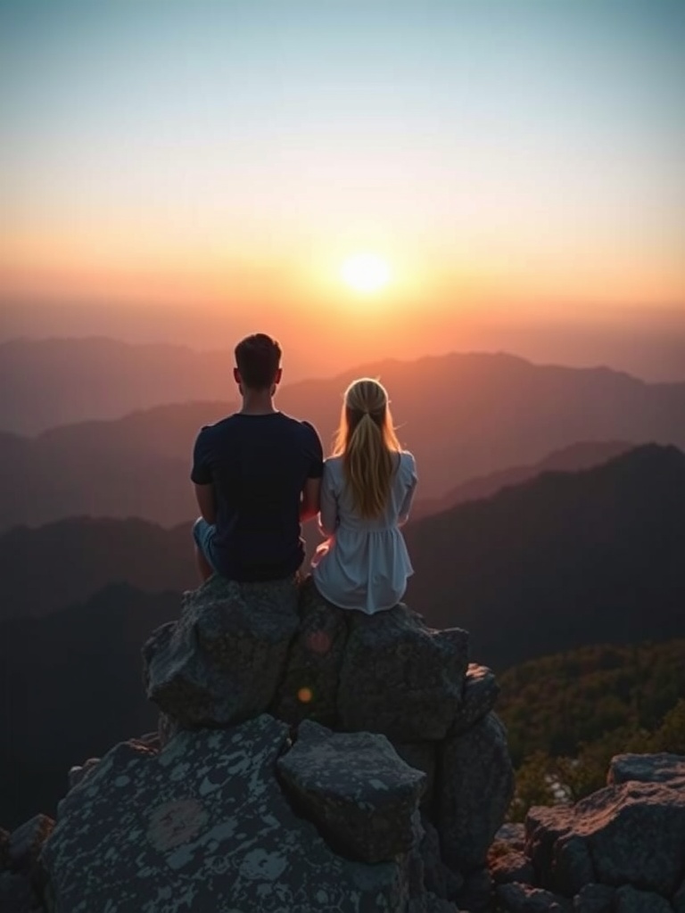 This compelling image captures a couple seated on rocky terrain, gazing at a scenic sunset over mountainous horizons. The silhouette of the pair against the glowing sky creates a romantic and serene atmosphere, emphasizing themes of companionship and nature's beauty.