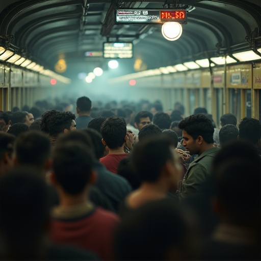 Image depicts a crowded Indian train station. Passengers fill the interior of the train. Lighting creates a moody atmosphere. The scene emphasizes urban transportation experiences.