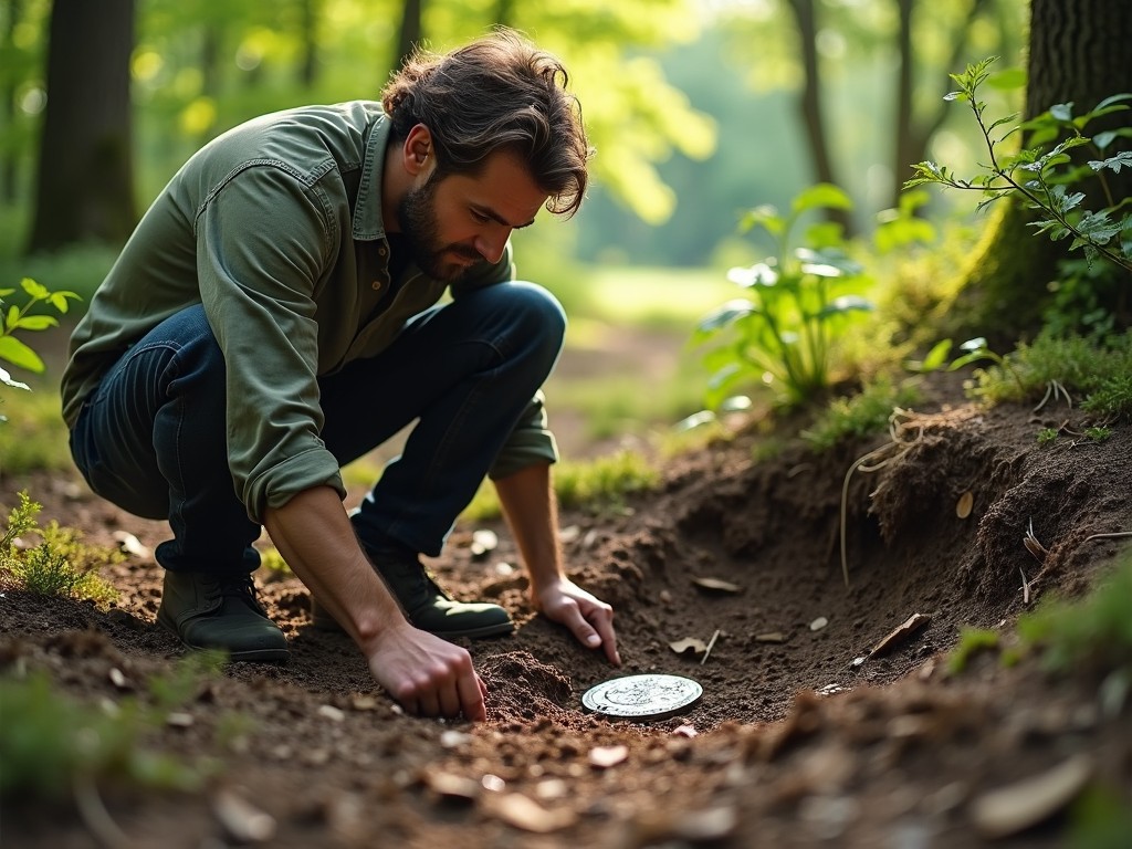 A man excavating a historical artifact in a forest setting, showcasing archaeology and outdoor exploration with natural lighting and lush greenery.