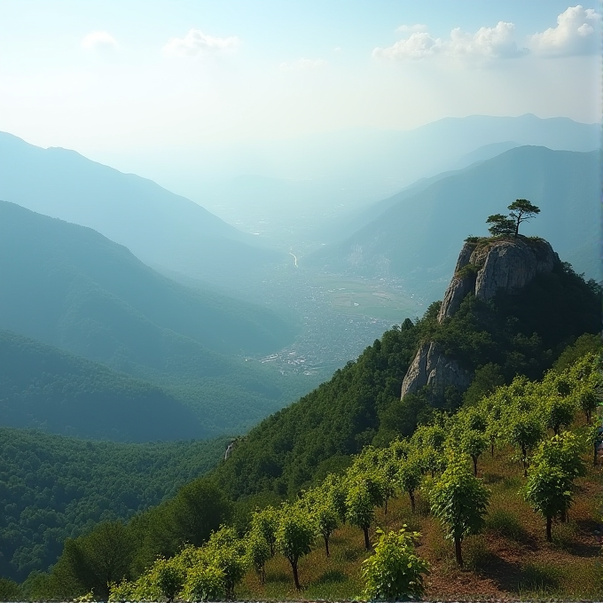 A solitary tree stands atop a rocky hill overlooking a vast, misty valley and distant vineyards.