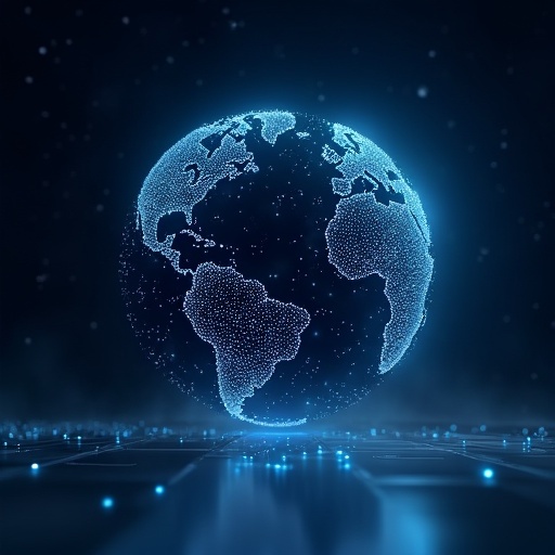 Design futuristic X header image featuring glowing sphere symbolizing Earth. Sphere is on the right side, leaving space on the left for profile picture. Covered with tiny connection ports like phone chargers. Each port emits faint light in blue or white. Web of glowing lines connects ports across globe. Background is deep night sky showcasing global nature. Sphere floats above a sleek reflective surface. Design is clean and modern, emphasizing technology and connectivity. Use dark blue and white palette for trust and innovation, avoiding clutter to focus on sphere and ports.