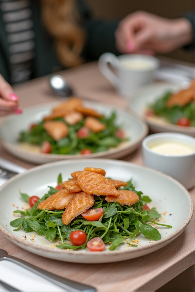 A delicious plate of grilled salmon on a bed of fresh greens and cherry tomatoes.