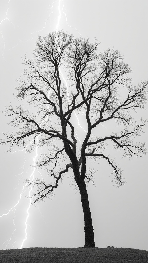 A solitary, barren tree stands boldly against a dramatic sky, as lightning bolts cut through the atmosphere. The stark contrast between the dark silhouette of the tree and the bright flashes of lightning creates a compelling and intense scene. The image captures the raw power of nature and the resilience of the natural world.