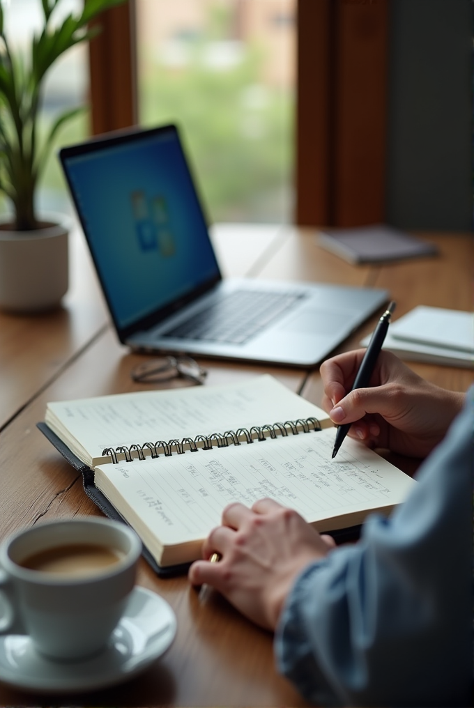 A person writes in a notebook on a wooden table next to a laptop and a cup of coffee.