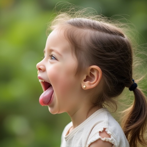 Profile of a little girl with her mouth open and tongue out. Joyful expression in a natural environment. Emphasis on playful demeanor and soft colors.