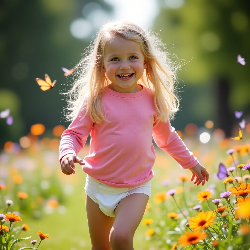 The image depicts a joyful six-year-old girl running through a flower-filled garden. She has long blonde hair and is wearing a pink long-sleeve t-shirt paired with a diaper. Butterflies are fluttering around her, adding to the lively scene. The girl’s face radiates happiness as she enjoys the beauty of nature. The vibrant colors of the flowers create a cheerful backdrop, emphasizing the playfulness of the moment.