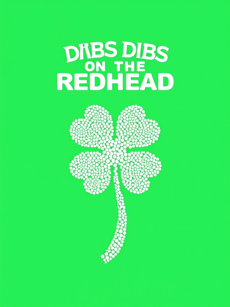 The image shows a green background with minimalist design. A white four-leaf clover is in the center made of small white dots. Bold text above reads DIBS ON THE REDHEAD. Simple and clean overall look.