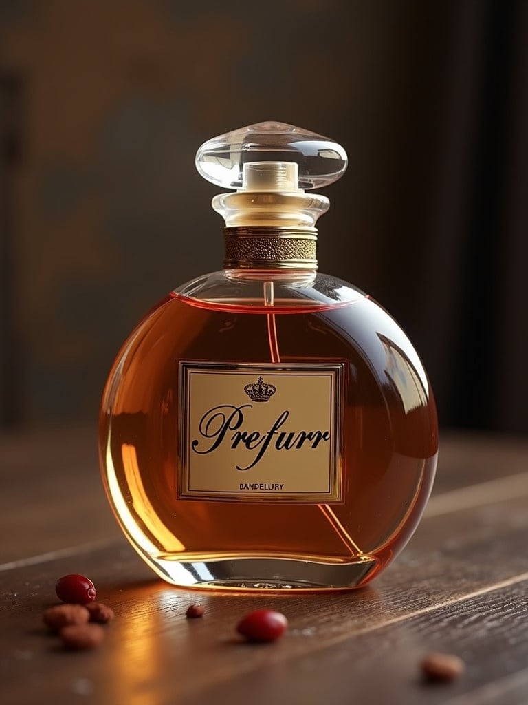 Create an elegant perfume bottle featuring the name 'Prefurr'. The bottle should be ornate and styled attractively. Focus on luxurious details with the name clearly visible.