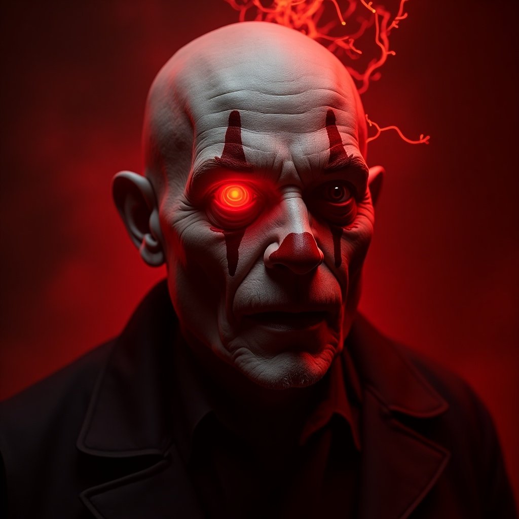 a pale-faced character with a bald head and glowing red eye. Artistic interpretation of horror elements. Dark background enhances eeriness. Electric red tendrils emanate from the head.