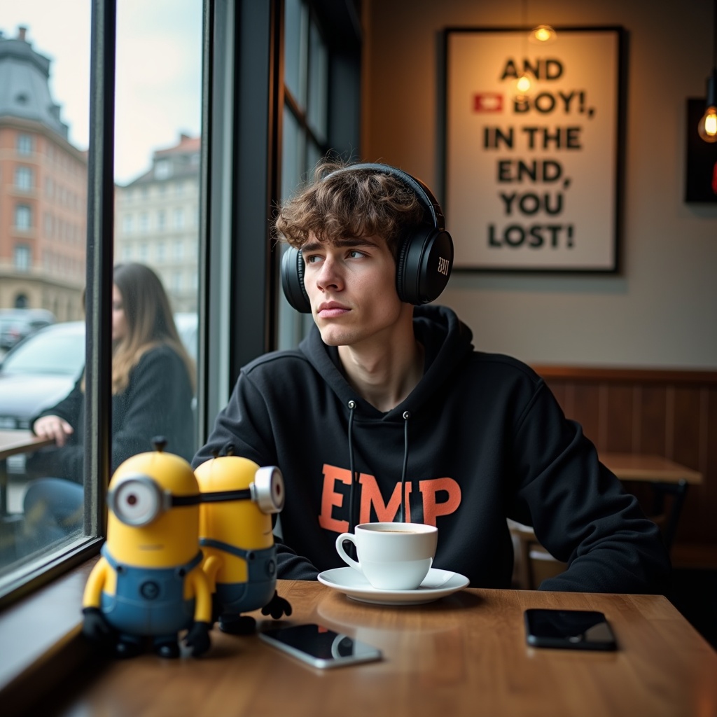 A young man sitting in a cafe, wearing headphones and looking out the window thoughtfully. He is accompanied by a cup of coffee and toy Minions on the table. A poster on the wall says 'AND BOY!, IN THE END, YOU LOST!'