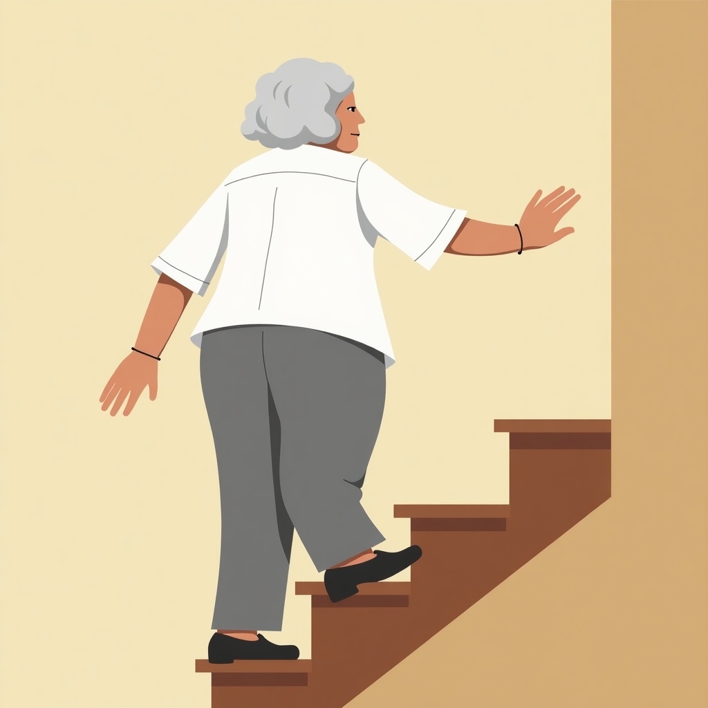 Old lady climbing stairs wearing a white shirt and grey pants. Back view of the lady shown. Scene depicts house stairs.