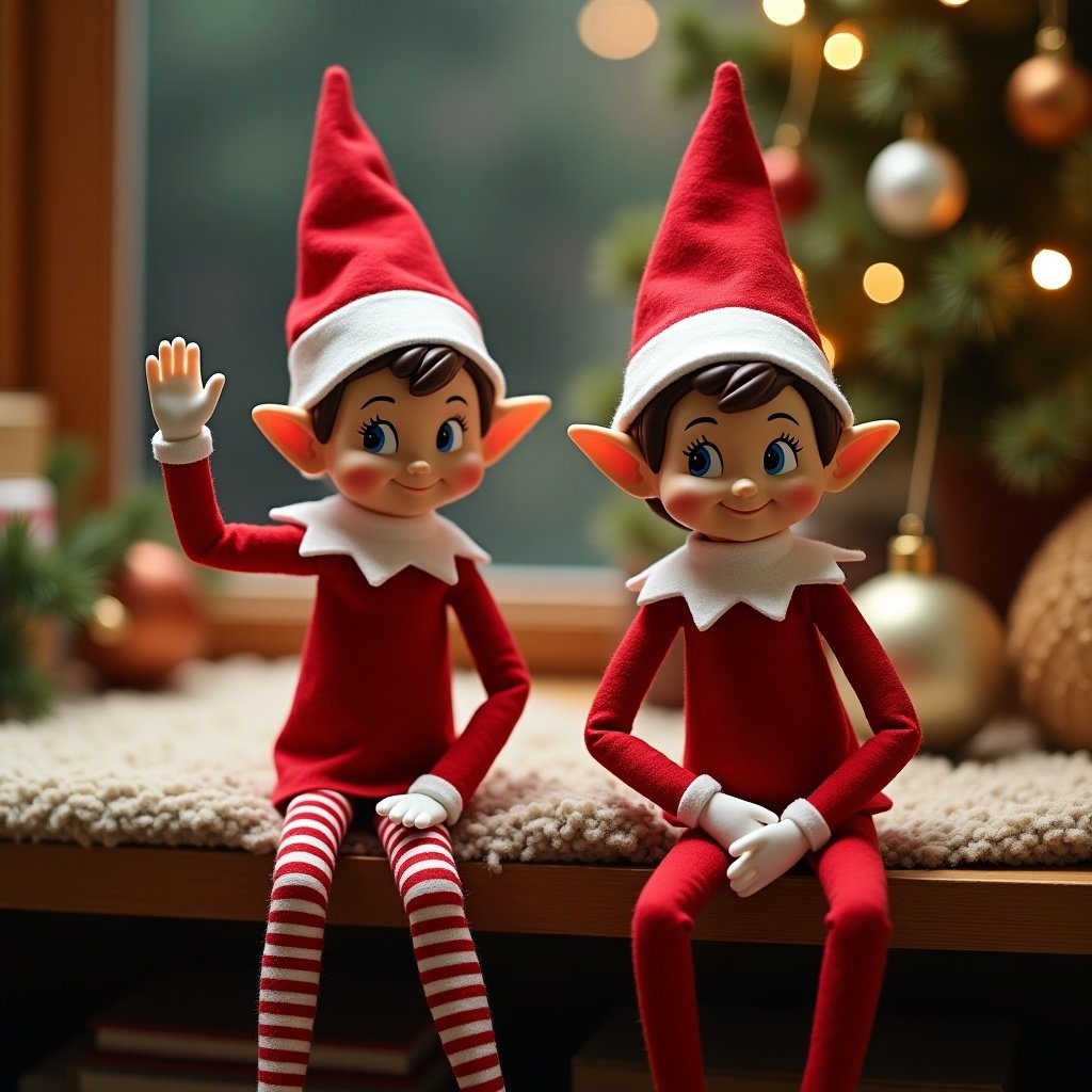 Two cheerful elves on a shelf wave at the viewer. They appear festive and cozy. The background shows Christmas decorations with warm lighting. The elves symbolize holiday excitement and playful joy.