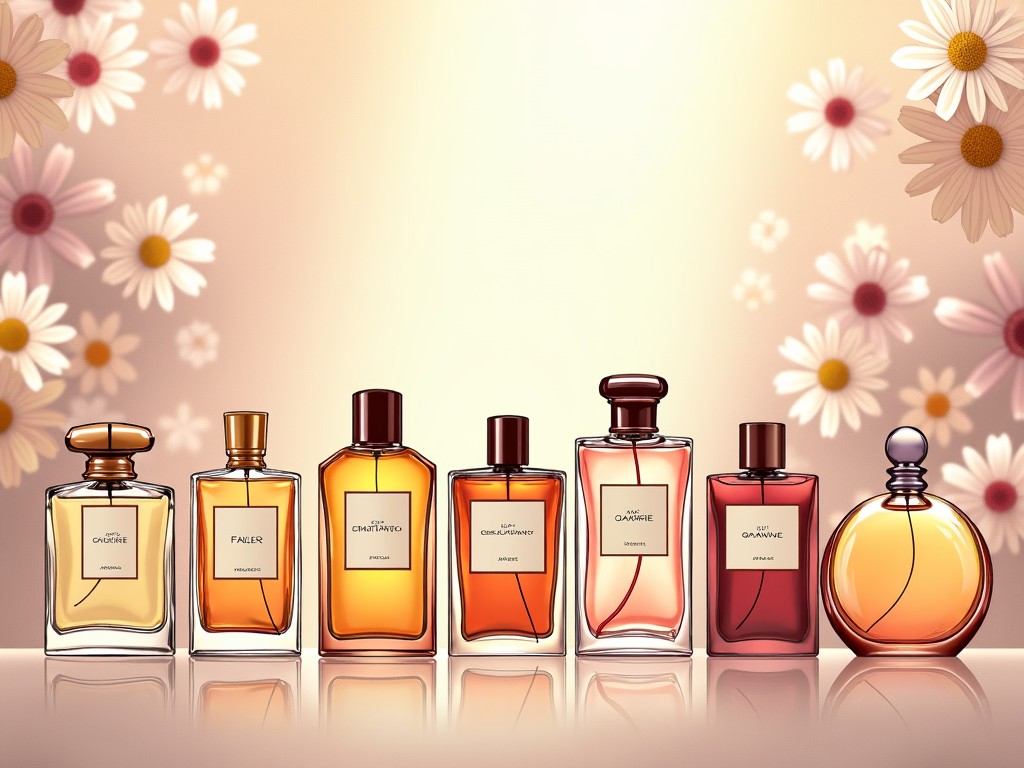 An artistic illustration of various perfume bottles arranged on a reflective surface with a floral background.