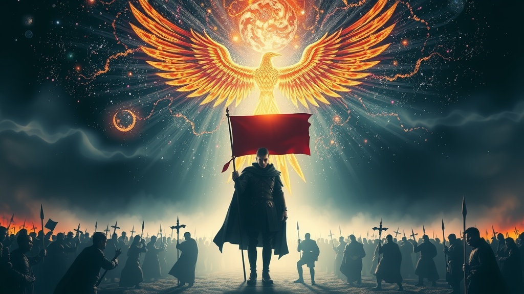 The image depicts a grand and dramatic scene of a cloaked figure holding a red flag, standing before a crowd with weapons raised in anticipation or fervor. Above them, a majestic and fiery phoenix spreads its wings wide, surrounded by intense cosmic energy, adding an aura of mysticism and hope.