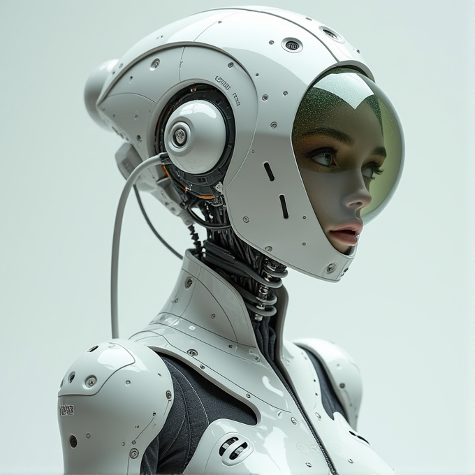 A sleek, white humanoid robot with a detailed, mechanical design and expressive face.