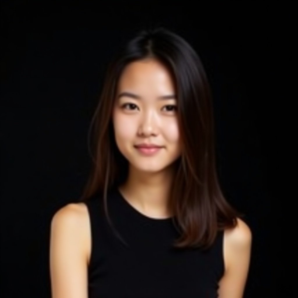 Young woman with straight, shoulder-length dark brown hair wearing a black sleeveless top. Confident neutral expression. Softly lit background. Positioned against a dark backdrop. Simple and elegant composition.