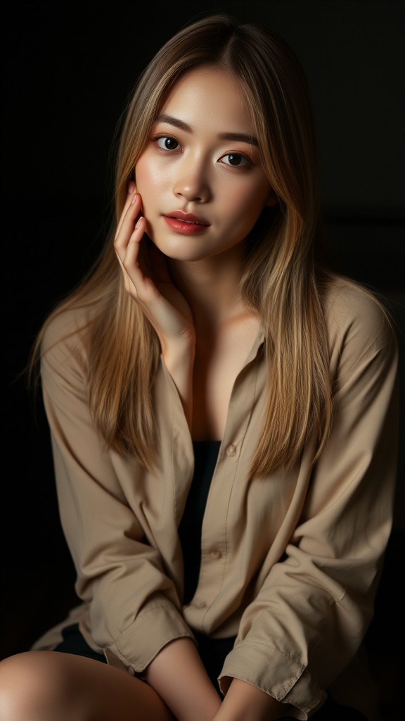 A serene woman with long hair, wearing a beige shirt, poses thoughtfully in a dimly lit setting.