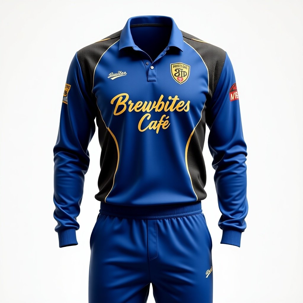 Cricket pant designed with a professional sporty look. Primary colors are royal blue and black with white and gold accents. Small ibex logo on the stomach area. Brewbites Cafe displayed prominently on the chest in stylish typography. Subtle cricket-themed patterns on sleeves and shoulders for added texture.