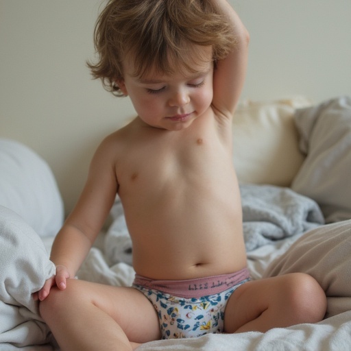 Child sitting on bed wearing colorful underwear. Natural light and soft focus atmosphere. Comfortable and casual setting with blankets and pillows visible.