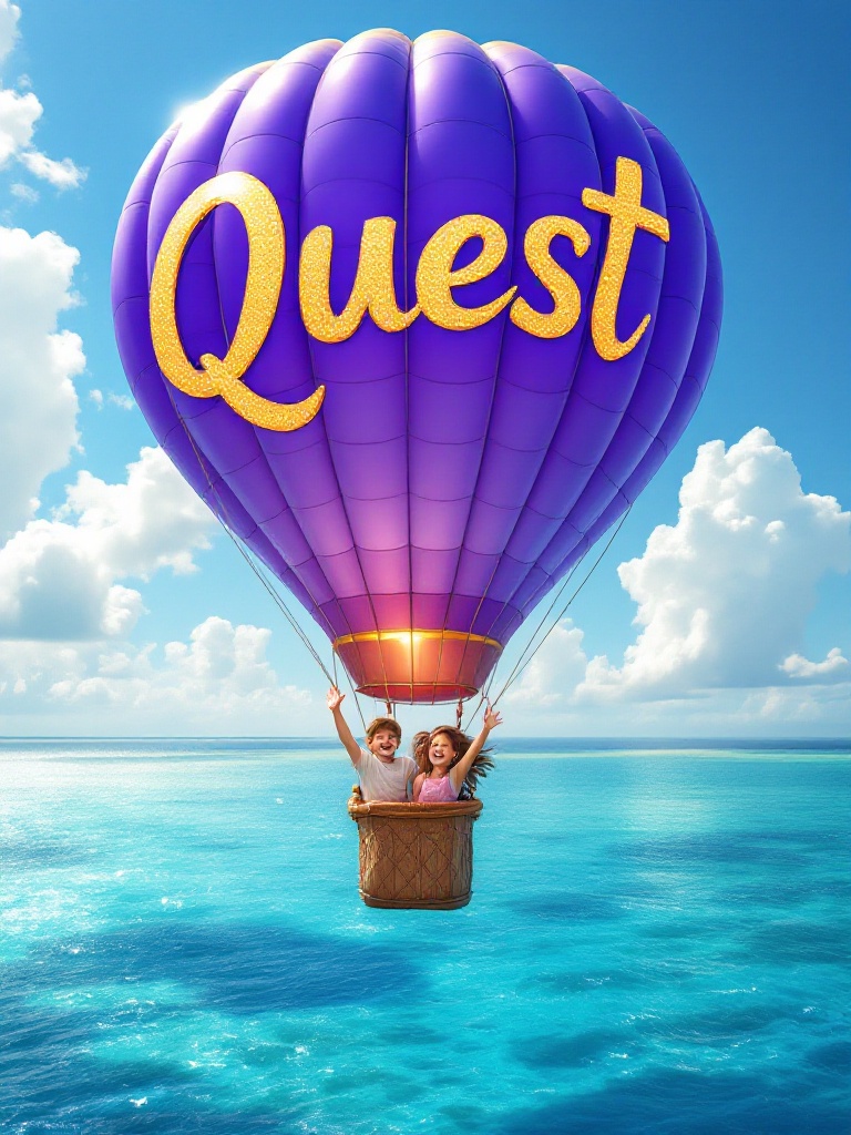 A beautiful purple hot air balloon floats over the turquoise waters of the Caribbean Sea. The word 'Quest' is written in shimmering gold letters on the balloon. A three-year-old boy and girl wave their hands cheerfully in the basket. The sky is clear and blue with fluffy white clouds. The sea sparkles in the sunlight.