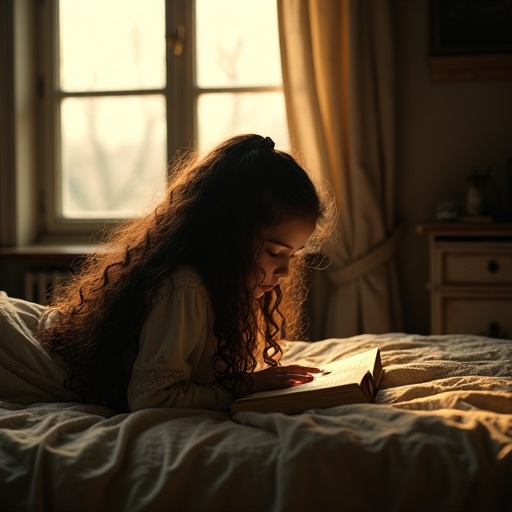 Image of a girl reading a book on a bed. The girl has long dark brown curly hair. The room is old with a gloomy atmosphere. Warm light comes through a window, illuminating her.