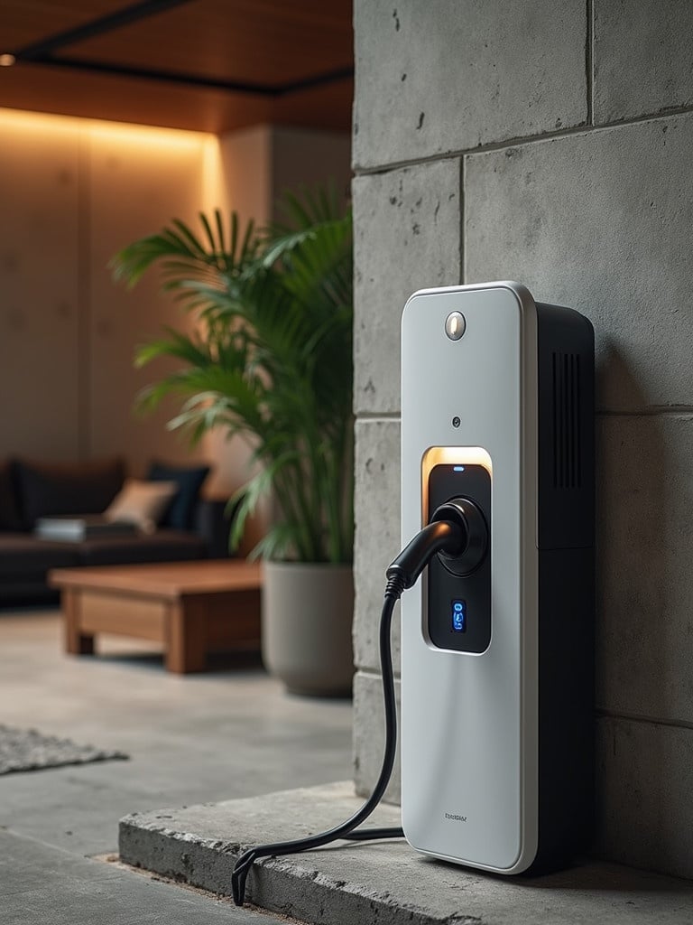 Image of an EV charger installed at a luxury home. Indoor setting with modern decor and ambient lighting. Charger mounted on a gray wall near a living area with plants.